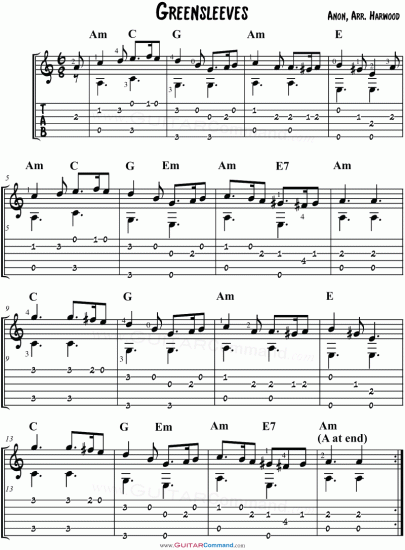 Greensleeves Guitar TAB with Chords